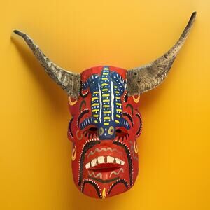 Mexican Folk Art Carved Wood Diablo Lizard Head Face Mask Guerrero 15"W x 14"L